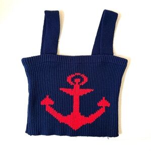 Navy Blue Red Anchor Knit Cropped Tank Top Vintage Y2K Marine Nautical Pinup